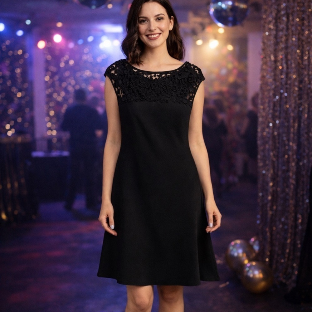 Laundry by Shelli Segal crochet knit upper black dress Lbd wedding cocktail